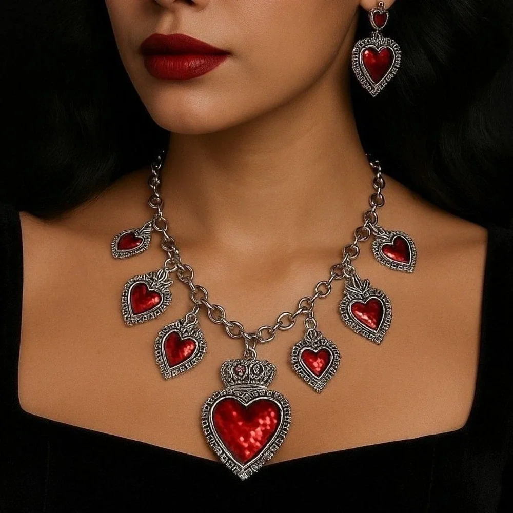 New Red Corazon Sagrado Sacred‎ Heart Charm Necklace Chunky Religious Spanish